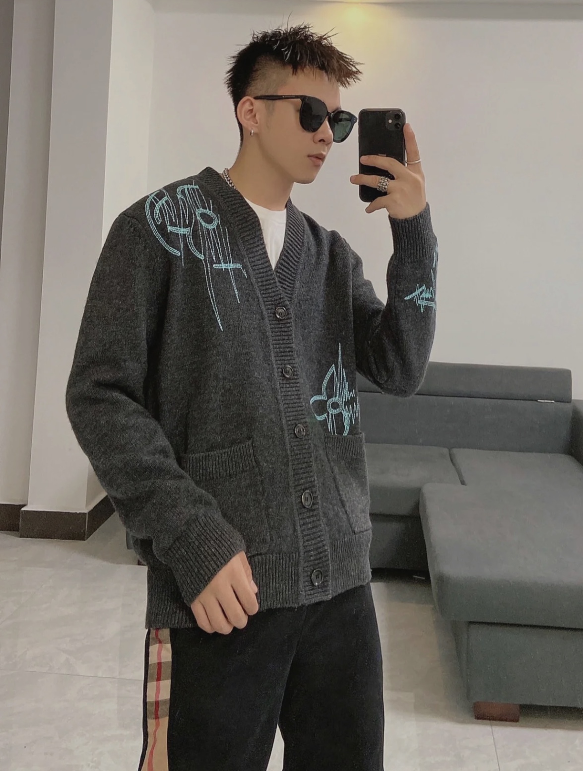 L-VxFREQUENCY Irregular Embroidered Mohair Cardigan