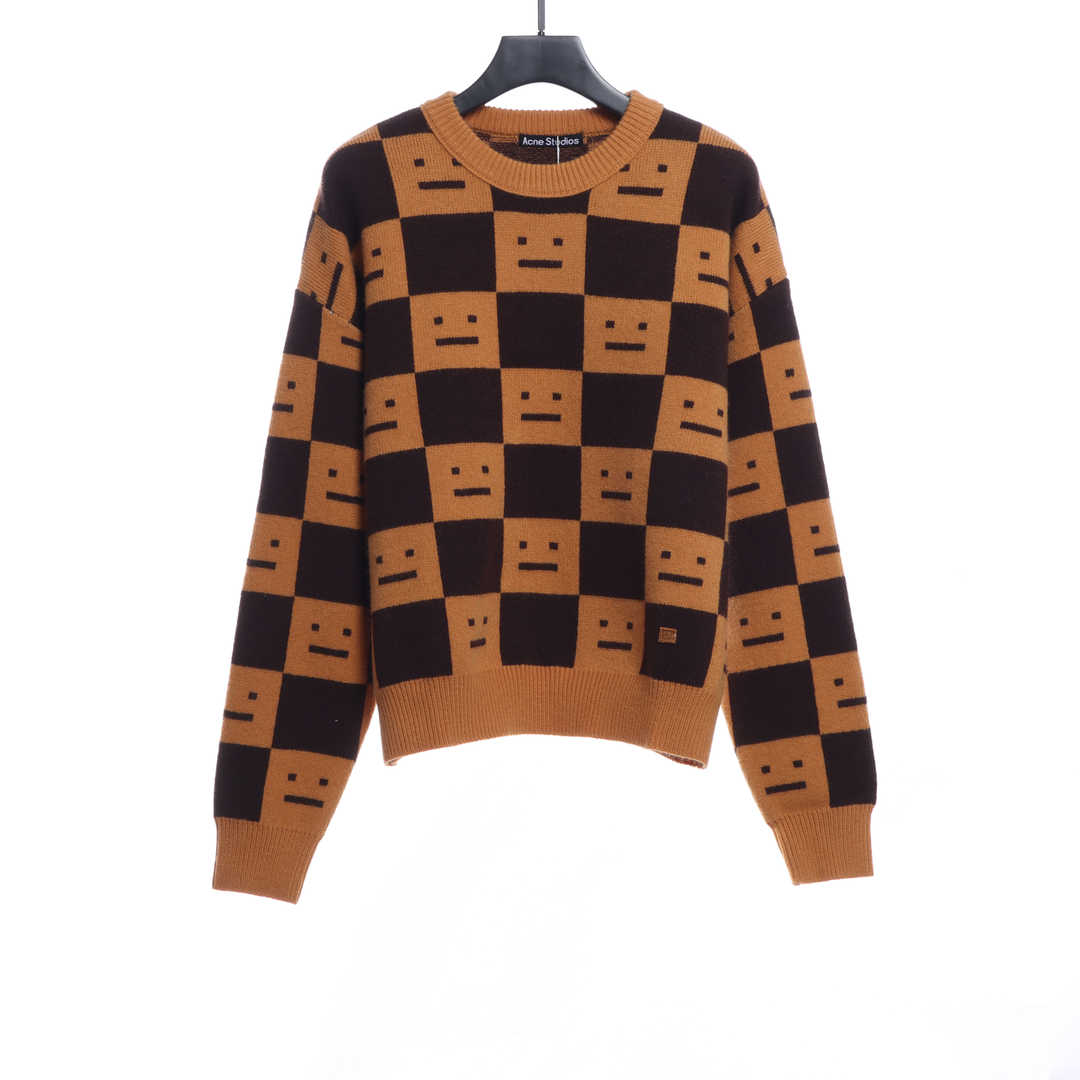 22S SACNE STUDIOS Checkerboard Square Smiley Crew Neck Sweater