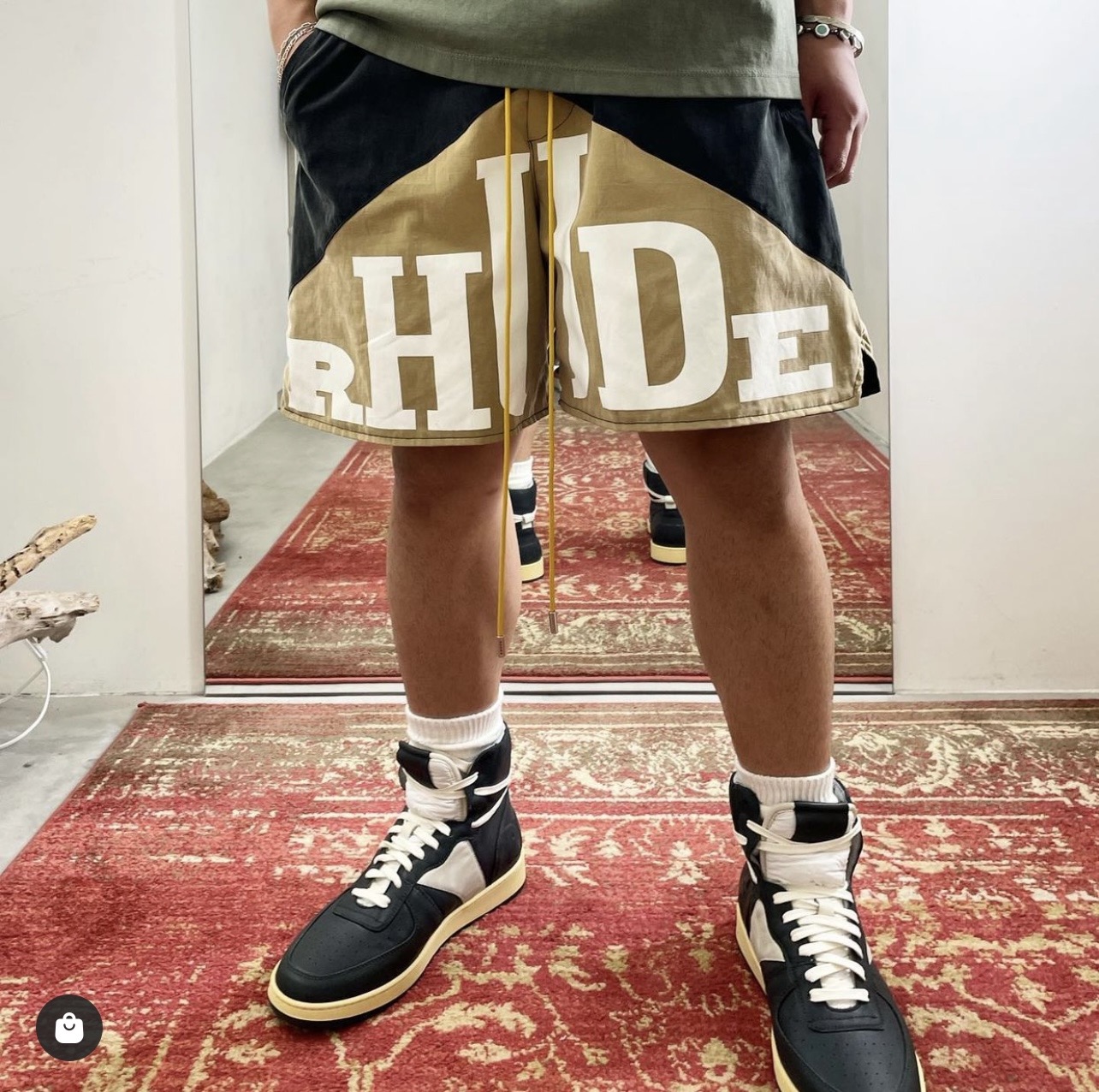 RHUDE vintage logo print two-tone drawstring shorts
